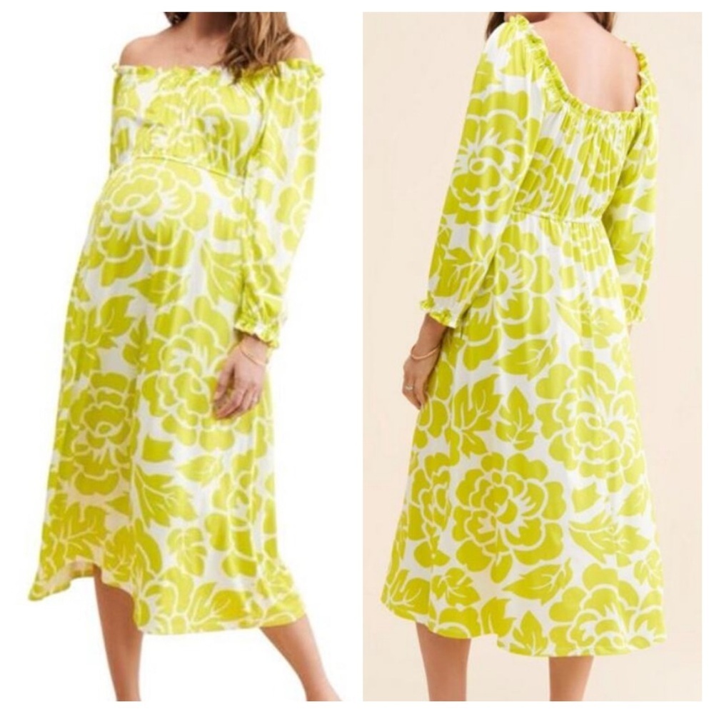 Hutch anthropologie Maternity Yellow Floral Off Shoulder Midi Dress 36179